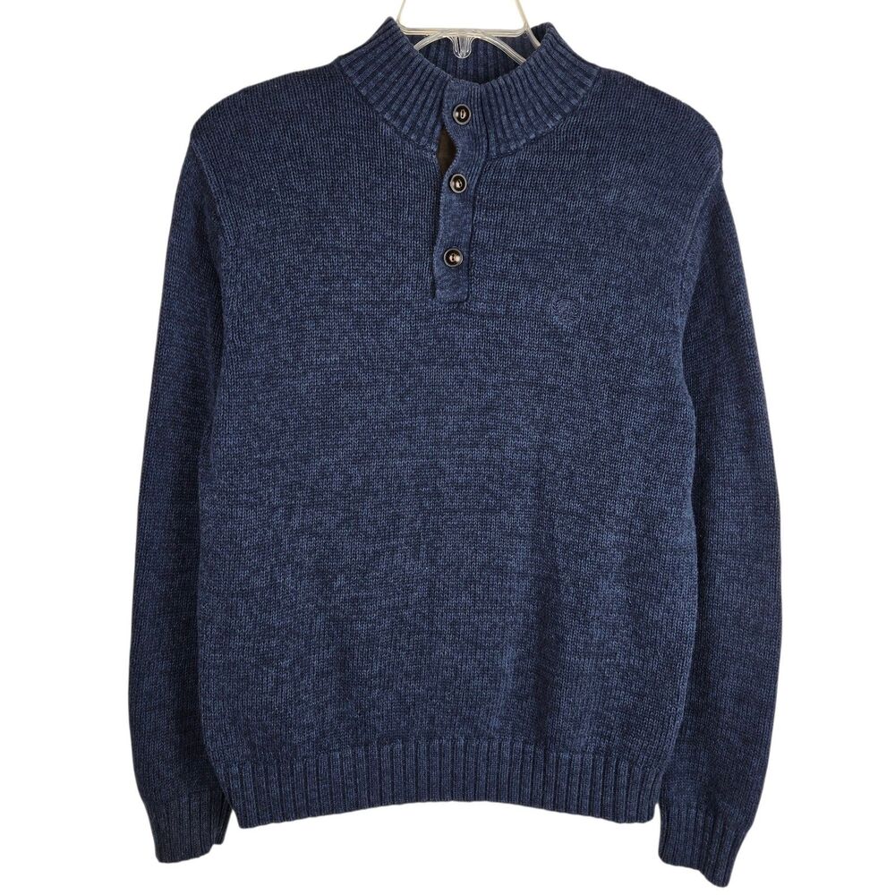 Chaps Elbow Pad Sweater M Blue Mock Neck 1/4 Button Preppy Classic Dark Academia